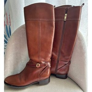 Tory Burch Brita Brown Leather Riding Boots 22138519, Side Zip